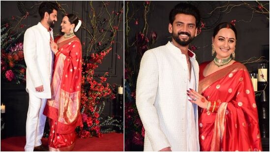 Sonakshi Sinha wedding reception: సోనాక్షి, జహీర్ ఈ రిసెప్షన్ లో సాంప్రదాయ దుస్తుల్లో కనిపించారు. ఎర్రటి పట్టు చీరలో సోనాక్షి కనిపించగా.. వైట్ జాకెట్, కుర్తాలో జహీర్ కనిపించాడు.