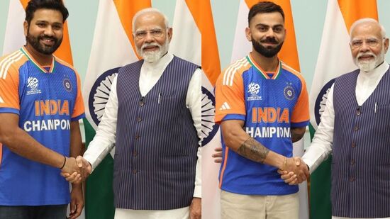 భారత కెప్టెన్ రోహిత్ శర్మ, స్టార్ ప్లేయర్ విరాట్ కోహ్లీతో ప్రధాన మంత్రి నరేంద్ర మోదీ కరచాలనం చేశారు. ఇతర ఆటగాళ్లకు కూడా షేక్ హ్యాండ్స్ ఇచ్చారు పీఎం.&nbsp;