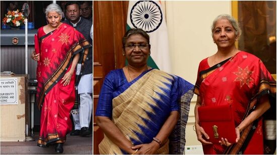 2023లో ఆర్థిక మంత్రి ఎరుపు రంగు పట్టుచీర ధరించారు. నల్లని అంచు చివరలతో చీర చాలా బాగుంది. ఇది కర్ణాటకలోని ధార్వాడ్ ప్రాంతానికి చెందిన కసుతి ఎంబ్రాయిడరీని ప్రదర్శిస్తాయి.