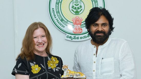 అమెరికా కాన్సుల్ జనరల్‌కు పులిబొమ్మను బహుకరిస్తున్న పవన్ కళ్యాణ్‌