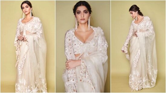 ఇక్కడ సోనమ్ ఎంబ్రాయిడరీ ఆర్గాంజా చీరతో కూడిన ఫ్లోరల్ ప్రింటెడ్ క్రాప్ టాప్ ను ధరిస్తుంది. డైసీ ప్రింటెడ్ బ్లౌజ్ లో లీఫ్ కట్ నెక్ లైన్, ఫ్రంట్ నాట్ డిజైన్, ఫుల్ లెంగ్త్ క్యాస్కేడింగ్ బెల్ స్లీవ్స్ ఉన్నాయి. బ్లౌజ్ దుస్తులకు రెట్రో టచ్ జోడించింది.&nbsp;