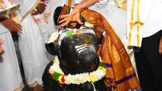 వేములవాడ రాజరాజేశ్వరి దేవి ఆలయంలో నందీశ్వరుడి నుంచి దర్శనం చేసుకుంటున్న రేవంత్ రెడ్డి