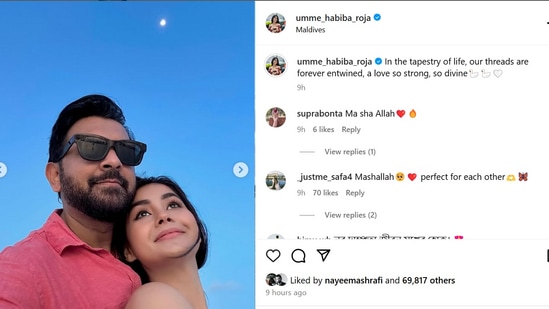 ‘జీవితపు వస్త్రంలో, మన దారాలు ఎప్పటికీ పెనవేసుకుని ఉంటాయి, చాలా బలమైన ప్రేమ, చాలా దివ్యమైనది’ అంటూ హనీమూన్ ఫొటోలు షేర్ చేసిన రోజా అహ్మద్ ఇలా రాసుకొచ్చింది.