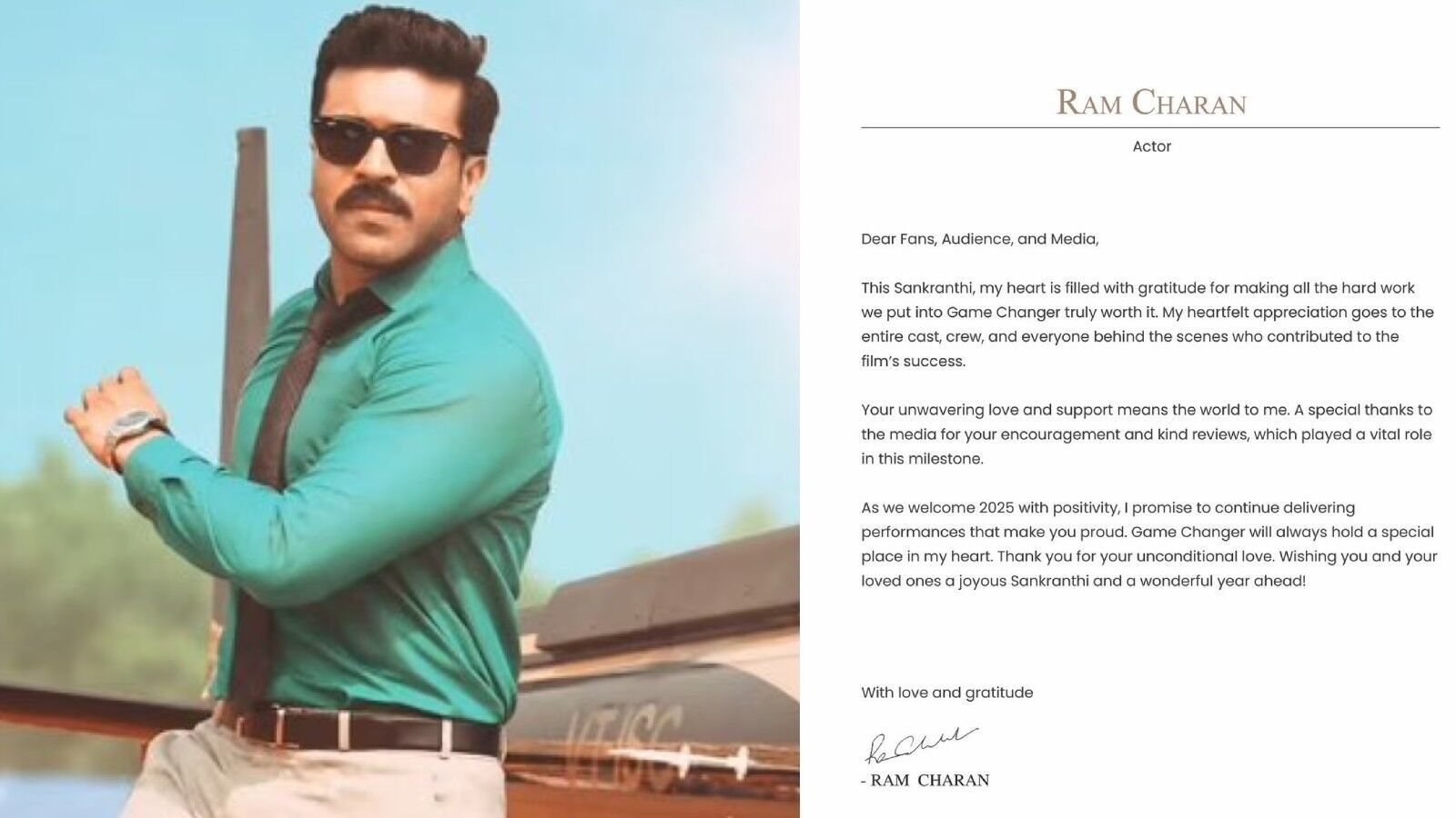 Ram Charan on Game Changer: గేమ్ ఛేంజర్ సినిమా గురించి లెటర్ రిలీజ్ చేసిన రామ్‍చరణ్