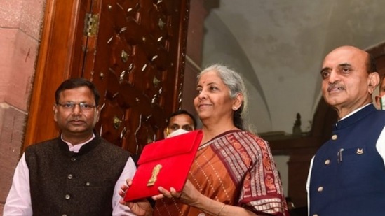 2022 బడ్జెట్లో గోధుమ, మెరూన్, ఎరుపు షేడ్స్ ఉన్న చీర ధరించారు. టెర్రకోట కలర్ ప్యాలెట్ లో ఏనుగు ఆకృతులు ఉన్నాయి.