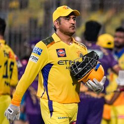 Chennai: Chennai Super Kings� captain MS Dhoni after Kolkata Knight Riders won an Indian Premier League (IPL) 2025 T20 cricket match between Chennai Super Kings and Kolkata Knight Riders, at the MA Chidambaram Stadium, in Chennai, Friday, April 11, 2025. (PTI Photo/R Senthilkumar) (PTI04_11_2025_000621B) *** Local Caption ***  