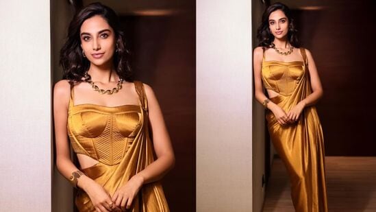 గోల్డ్ కలర్ మ్యాక్సీ డ్రెస్‍లో మరింత అందంగా షైన్ అయ్యారు మీనాక్షి. స్టైలిష్ లుక్‍తో అట్రాక్ట్ చేశారు. గోడకు అలా వాలి ఎలిగెన్స్ చూపారు ఈ బ్యూటీ.