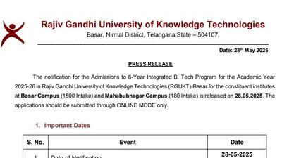 <p>ఇందులో భాగంగా 2025-26 విద్యా సంవత్సరానికి ఐఐఐటీ క్యాంపస్ లో ఆరేళ్ల ఇంటిగ్రేటెడ్‌ కోర్సుల్లో ప్రవేశాలు కల్పిస్తారు. టెన్త్ పాస్ అయిన వారి నుంచి దరఖాస్తులను స్వీకరిస్తున్నారు. నేటి నుంచి ప్రారంభమైన దరఖాస్తుల ప్రక్రియ…. జూన్‌ 21వ తేదీతో ముగుస్తుంది.</p> 