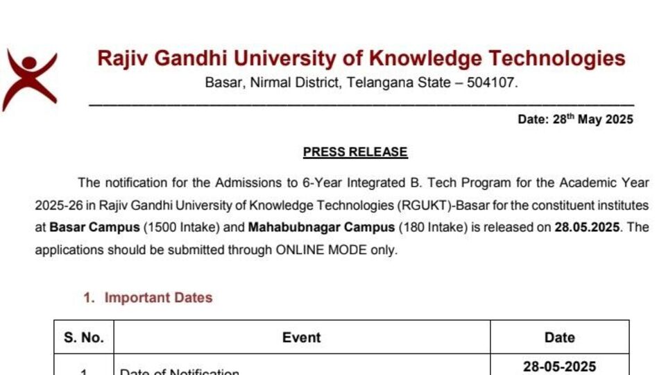 <p>ఇందులో భాగంగా 2025-26 విద్యా సంవత్సరానికి ఐఐఐటీ క్యాంపస్ లో ఆరేళ్ల ఇంటిగ్రేటెడ్‌ కోర్సుల్లో ప్రవేశాలు కల్పిస్తారు. టెన్త్ పాస్ అయిన వారి నుంచి దరఖాస్తులను స్వీకరిస్తున్నారు. నేటి నుంచి ప్రారంభమైన దరఖాస్తుల ప్రక్రియ…. జూన్‌ 21వ తేదీతో ముగుస్తుంది.</p>