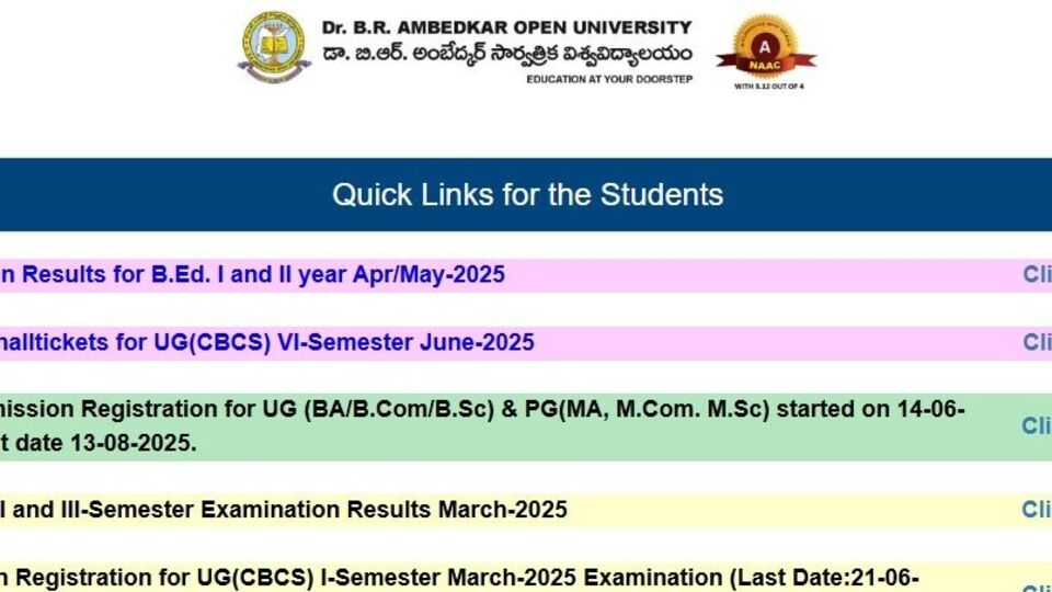 <p>హైదరాబాద్ లోని డాక్టర్‌ బీఆర్‌ అంబేడ్కర్‌ ఓపెన్ వర్సిటీలో ఆన్ లైన్ అడ్మిషన్లకు నోటిఫికేషన్ విడుదలైంది. 2025 -2026 విద్యా సంవత్సరానికి అడ్మిషన్లు కల్పించనున్నారు. అర్హులైన వారి నుంచి ఆన్ లైన్ లో దరఖాస్తులను స్వీకరిస్తున్నారు. . </p>