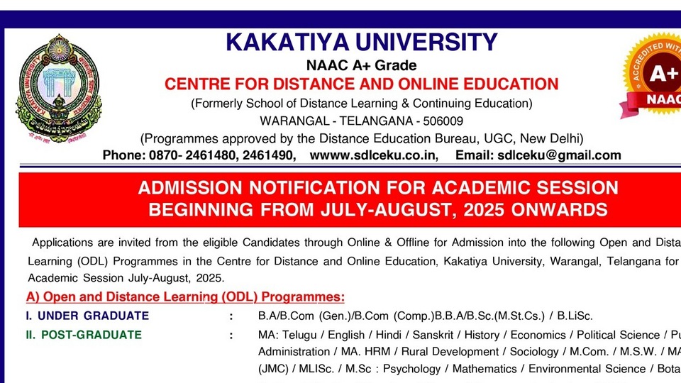 <p>వివిధ రకాల కోర్సులు అందుబాటులో ఉన్నాయి. వీటిల్లో కూడా వేర్వురు కాంబినేషన్లు ఉండటంతో… అభ్యర్థులు జాగ్రత్తగా పరిశీలించి కోర్సులను ఎంచుకోవాల్సి ఉంటుంది. <a href="https://sdlceku.co.in/Courses.php" target="_blank">https://sdlceku.co.in/Courses.php</a> లింక్ పై క్లిక్ చేసి కోర్సులకు సంబంధించిన అన్ని వివరాలు, అర్హతలను తెలుసుకోవచ్చు.</p>