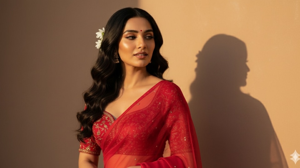 <p>Convert the uploaded image into a stunning 4K HD portrait. The subject should have long, dark, wavy hair cascading over her shoulders. She should be wearing a translucent, elegant red saree draped over one shoulder, which reveals a fitted blouse underneath. White flowers should be tucked behind her right ear. She is looking slightly to her right, with a soft, serene expression. I want her face to remain exactly as it appears in the uploaded image without any alterations. The background should feature a plain, warm-toned wall, illuminated by a warm light source from the right, creating a distinct, soft-edged shadow of her profile and hair on the wall behind her. The overall mood should be retro and artistic.</p>