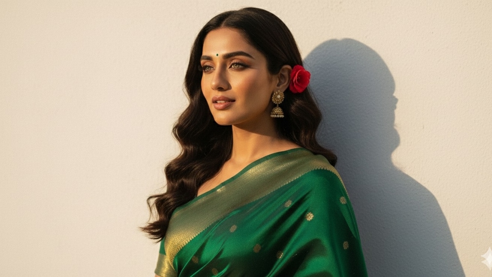 <p>Convert the uploaded picture into a retro, vintage, and grainy-but-bright image. Keep the facial features the same. The subject should be draped in a solid-coloured Banarsi saree with a Pinterest-retro aesthetic, giving it the feel of a '90s movie. Give her dark brown, silky, and shiny hair with a small flower visibly tucked into it. The girl is standing in front of a white wall with a soft, artistic, and moody atmosphere. Use a golden light source to create a soft glow on her face and a dramatic shadow on the wall behind her. The lighting should have the warm, golden tones of a sunset or 'golden hour' glow. The background should be minimalist and slightly textured. The expression on her face should be moody and calm, yet happy. The final image should be in HD quality, with the same face, but you can change the hair colour and hairstyle</p>